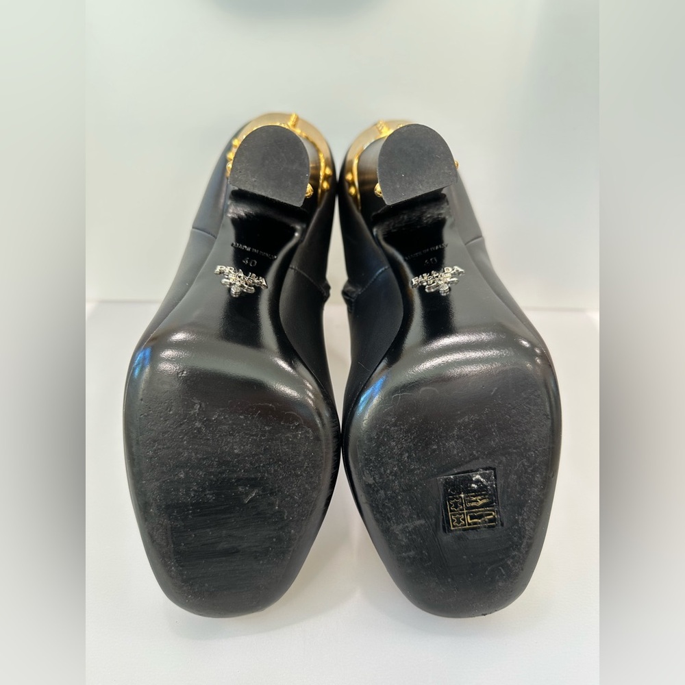 AUTHENTIC PRADA CALZATURE DONNA Black Leather Ankle Boots with Gold Heel Detail - Picture 9 of 14